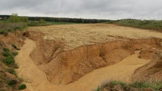 Das Bild zeigt die oberste Schicht einer Sandgrube. Die nach unten schräg abfallenden Wände links und rechts sind rötlich braun und zerfurcht. Darunter breitet sich gelber Sandboden aus. Die seitlichen Ränder der Grube bilden bewachsene, längliche Hügel.