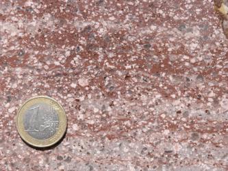 Detailaufnahme eines Gesteins mit unterschiedlichen Farben. Oben zeigen sich rötlich braune Flächen, unten rosa und graue Streifen. Auch zahlreiche Einsprenglinge sind erkennbar. Am linken, unteren Bildabschnitt liegt eine Eu­ro­mün­ze als Maßstab.