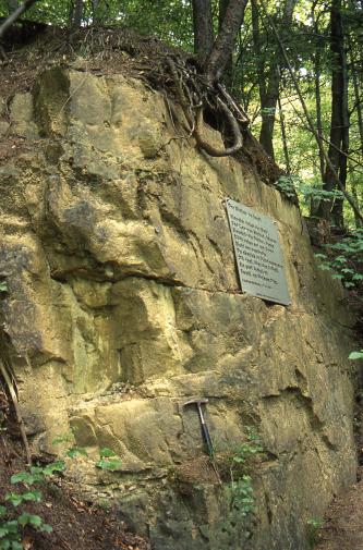 Seitlicher Blick auf eine alte Steinbruchwand. Das Gestein ist grünlich grau. In der Mitte der Wand ist eine Schrifttafel angebracht. Auf der Kuppe der Wand wachsen Bäume.
