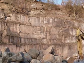 Blick auf eine hohe, oben bewachsene Steinbruchwand, teilweise mit senkrecht verlaufenden Spuren von Abbauarbeiten. Im Vordergrund liegen Bruchstücke auf einem Haufen. 