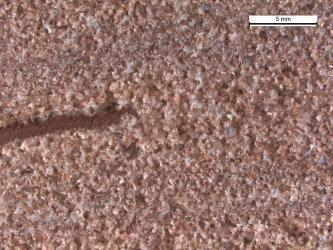 Mikroskopaufnahme eines hellroten Sandsteins mit einer Mittelsand-Grobsand-Wechsellagerung und einer Tonschmitze.