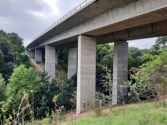 Blick auf eine hohe und breite Betonbrücke. Die Brücke wird von einer Doppelreihe Pfeilern gestützt und überwindet einen V-förmigen, mit Bäumen bestandenen Geländeeinschnitt.