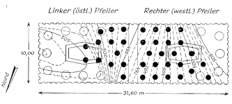 In Schwarzweiß gehaltene Zeichnung, die links den östlichen Pfeiler, rechts den westlichen Pfeiler der Talbachbrücke mit Isohypsen der Felsoberfläche zeigt, jeweils in Aufsicht.