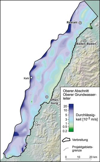 Farbige Grafik, die Durchlässigkeiten im oberen Grundwasserleiter der Ortenau-Formation mittels einem Kartenbild zeigt. Der Kartenausschnitt reicht von nördlich Rastatt bis südlich Lahr.