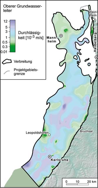 Farbige Grafik, die Durchlässigkeiten im oberen Grundwasserleiter der Mannheim-Formation mittels einem Kartenbild zeigt. Der Kartenausschnitt reicht von Weinheim und Mannheim bis südlich von Karlsruhe.