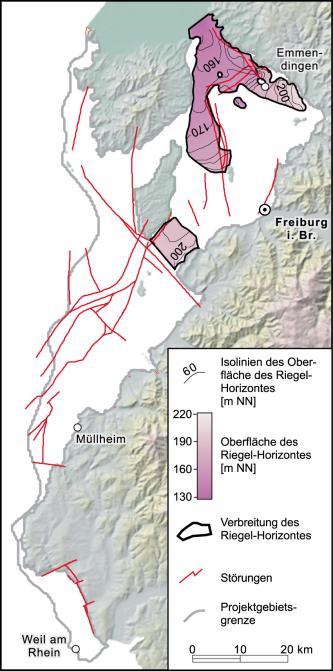 Einteilige farbige Grafik, die Verbreitung und Oberfläche des Riegel-Horizonts auf einem Kartenausschnitt abbildet, bei Emmendingen und in der Freiburger Bucht.