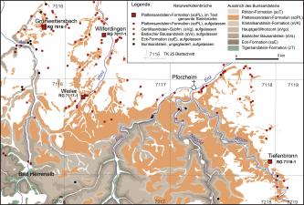 Blick auf eine mehrfarbige Übersichtskarte des Nordschwarzwaldes mit Ausstrich des Buntsandsteins. Markiert sind auch Standorte verschiedener Steinbrüche.