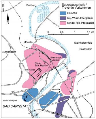 Karte mit der Umgebung von Bad Cannstatt, in der die Vorkommen von Travertin sowie die erdzeitliche Einordnung dargestellt sind.