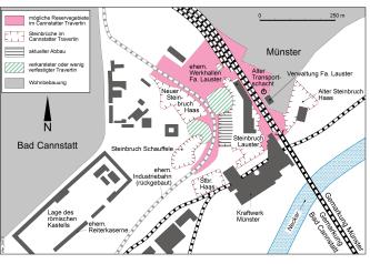 Schematische Karte, in der Travertin-Steinbrüche sowie Lage und Ausdehnung von Restvorräten in Stuttgart-Bad Cannstatt und Umgebung dargestellt sind.