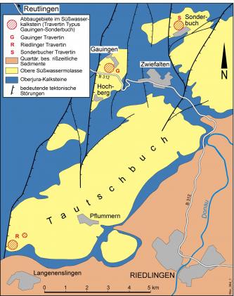 Vereinfachte geologische Übersichtskarte für das Gebiet zwischen Reutlingen und Riedlingen, mit Standorten dreier Steinbrüche.