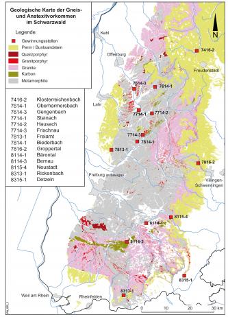 Geologische Karte, auf der die Gneis- und Anatexitvorkommen im Schwarzwald als farbige Flächen aufgezeigt sind.