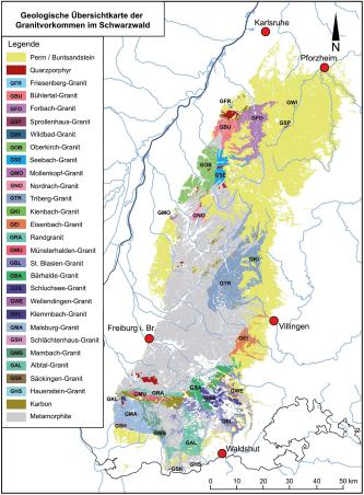 Farbig angelegte Übersichtskarte der Schwarzwaldregion mit verschiedenen Granitvorkommen, wie Forbach-Granit oder Triberg-Granit.