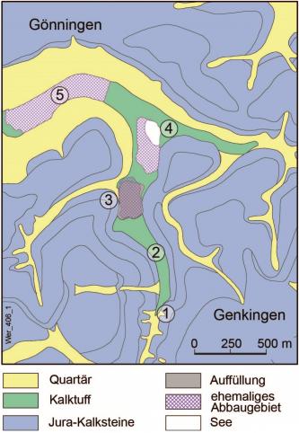 Blick auf eine vereinfachte farbige geologische Karte vom Wiesaztal zwischen Gönningen und Genkingen. Vorkommen von Kalktuff sind grün eingefärbt.