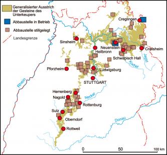 Vereinfachte grafische Karte mit Gebieten des Unterkeupers in Baden-Württemberg sowie bisher bekannten Standorten von Steinbrüchen im Lettenkeuper-Sandstein.