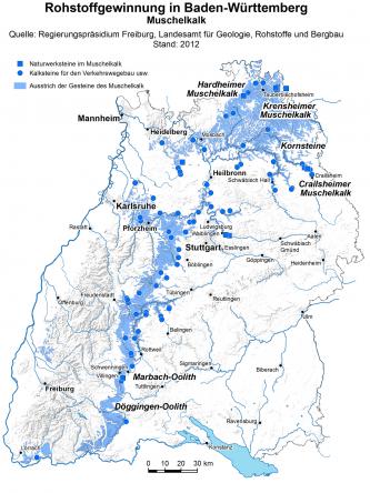 Übersichtskarte von Baden-Württemberg zum Thema Rohstoffgewinnung. Farbig hervorgehoben sind der Ausstrich des Muschelkalks sowie die Lage von Abbaustellen für diesen Werkstein.