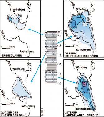 Vier Kartenausschnitte der region Würzburg-Rothenburg, die sich um ein Säulenprofil gruppieren. Thema sind Verbreitung und Mächtigkeit von Quaderkalkhorizonten.
