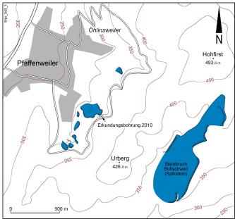 Vereinfachte Karte mit der Lage von Steinbrüchen (blau ausgelegt) östlich von Pfaffenweiler.