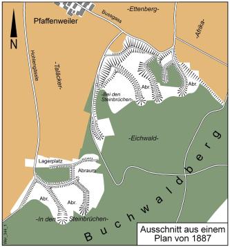 Farbiger Kartenausschnitt mit dem Buchwaldberg südöstlich von Pfaffenweiler; eingezeichnet sind dort mehrere Steinbrüche und Abraumhalden.