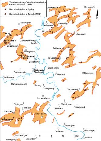 Vereinfachte Übersichtskarte mit farbig hervorgehobenen Verbreitungsflächen der „Sandsteinstränge“ des Schilfsandsteins im Gebiet Heilbronn–Stuttgart.