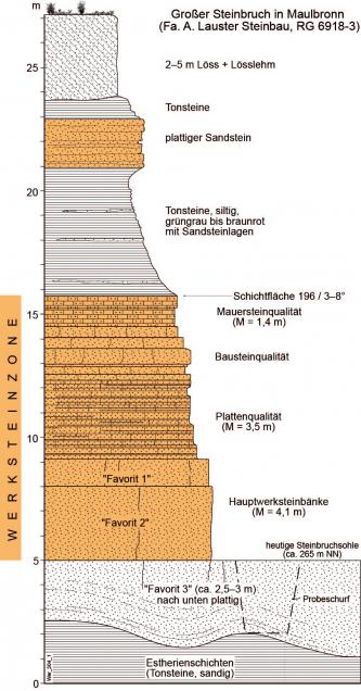 Zweifarbiges Säulenprofil; dargestellt ist die Schichtenfolge im Großen Maulbronner Steinbruch. Farbig abgesetzt ist die Werksteinzone unterhalb von Tonsteinen sowie eine Schicht plattiger Sandsteine darüber.
