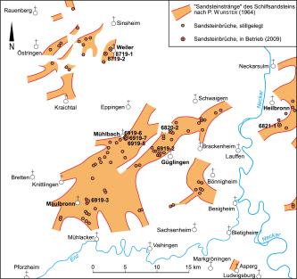 Vereinfachte Übersichtskarte mit farbig dargestellten Verbreitungsgebieten der „Sandsteinstränge“ des Schilfsandsteins zwischen Kraichgau, Heilbronn und dem Enztal.