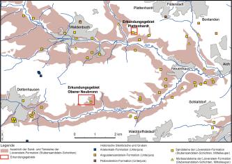 Vereinfachte Übersichtskarte des Gebietes Waldenbuch–Aich–Dettenhausen. Dargestellt sind das Vorkommen von Stubensandstein (in farbigen Flächen) sowie die Lage alter Steinbrüche und neuer Erkundungsgebiete.
