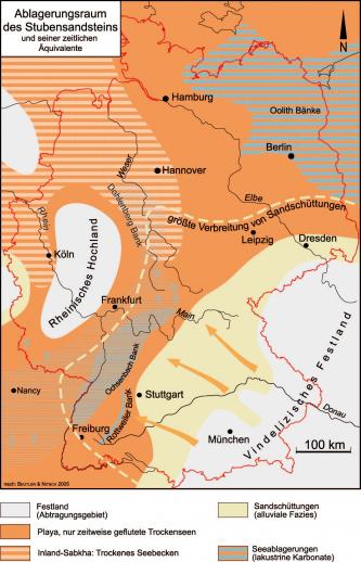 Paläogeographische Übersichtskarte von Deutschland, die – farbig differenziert – den Ablagerungsraum des Stubensandsteins zeigt.