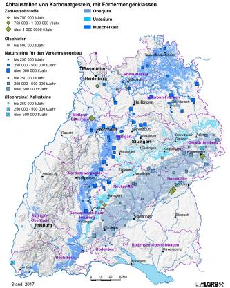 Übersichtskarte mit Lage der Kalksteinbrüche zur Erzeugung von Gesteinskörnungen für den Verkehrswegebau, für Baustoffe und Betonzuschlag sowie von (hochreinen) Kalksteinen, Zementrohstoffen und von Ölschiefer in Baden-Württemberg