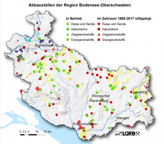 Gezeigt wird hier eine Reliefkarte der Region Bodensee-Oberschwaben mit farbig markierten Abbaustellen von Steine- und Erdenvorkommen, die in Betrieb befindlich oder seit 1986 stillgelegt sind.