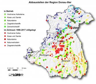 Gezeigt wird hier eine Reliefkarte der Region Donau-Iller mit farbig markierten Abbaustellen von Steine- und Erdenvorkommen, die in Betrieb befindlich oder seit 1986 stillgelegt sind.