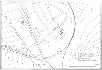 Schwarzweißzeichnung eines Wohngebiets oberhalb der Neckaraue. Zahlreiche eingezeichnete Kreise und Kreuze weisen auf Erdfälle, abgerissene Häuser sowie Hohlräume hin.
