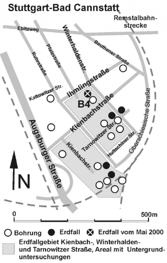 In Schwarzweiß gehaltener Lageplan eines Wohngebiets in Stuttgart-Bad Cannstatt. Verschiedene eingezeichnete Kreise weisen auf Bohrungen und Erdfälle hin, ein Kreis auf einen besonderen Erdfall im Mai 2000.