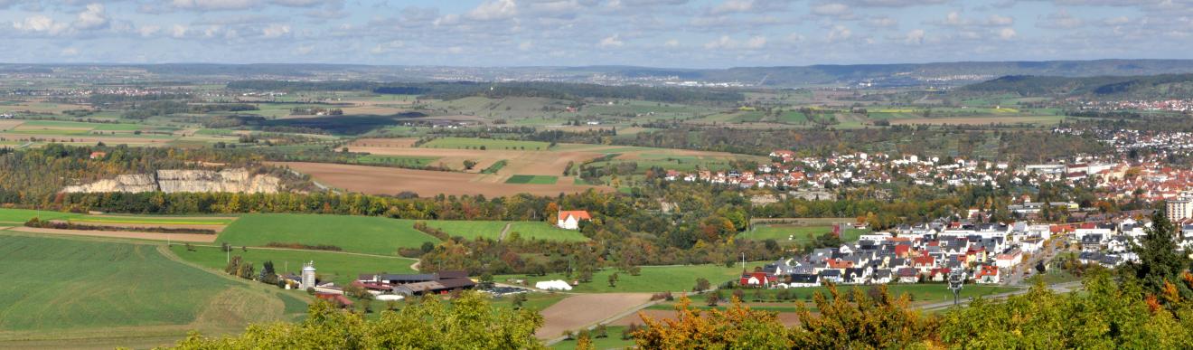 Panoramablick über eine flache, von Wiesen und Äckern durchzogene Landschaft. Rechts im Bild befindet sich eine Siedlung, links ein heller Steinbruch. Im Hintergrund rechts steigen bewaldete Höhenzüge auf.